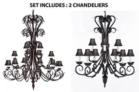 Set Of 2 - 1-Wrought Iron Chandelier 50" Inches Tall With Black Shades H50" X W30" And 1-Wrought Iron Chandelier With Black Shades H 30" W 26" 9 Lights - 1Ea-Sc/724/24 1Ea-Sc/724/6 3-Blkshd