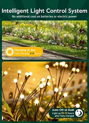 Solar Garden Lights - 4 Pack 48 LED Solar Firefly Lights with 2 Lighting Mode, Sway by Wind, Waterproof Solar Christams Outdoor Lights Decoration, Solar Lights for Outside Yard Walkway, Warm White