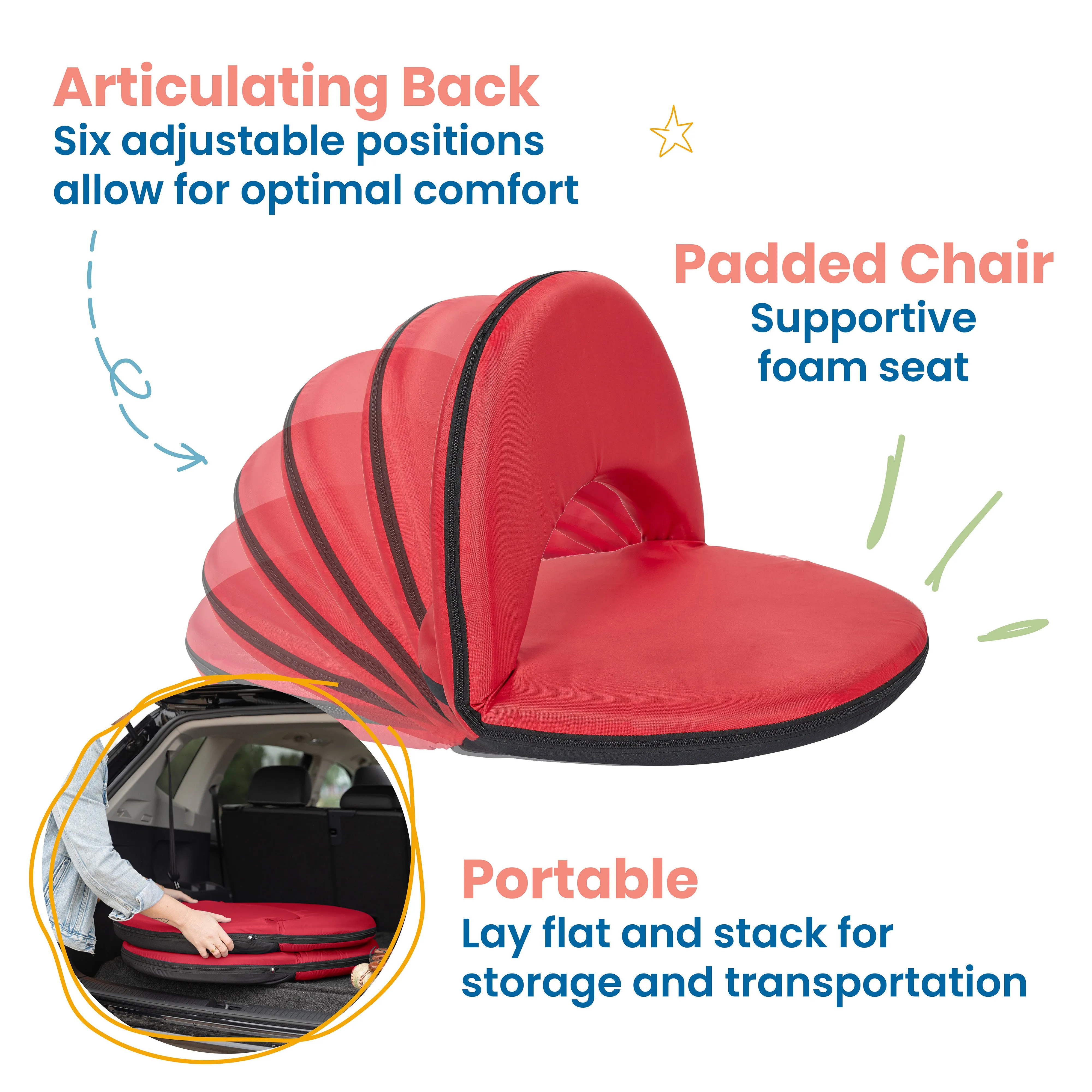 Spectator Floor Chair with Adjustable Back Support, Portable Foldable Stadium Seat