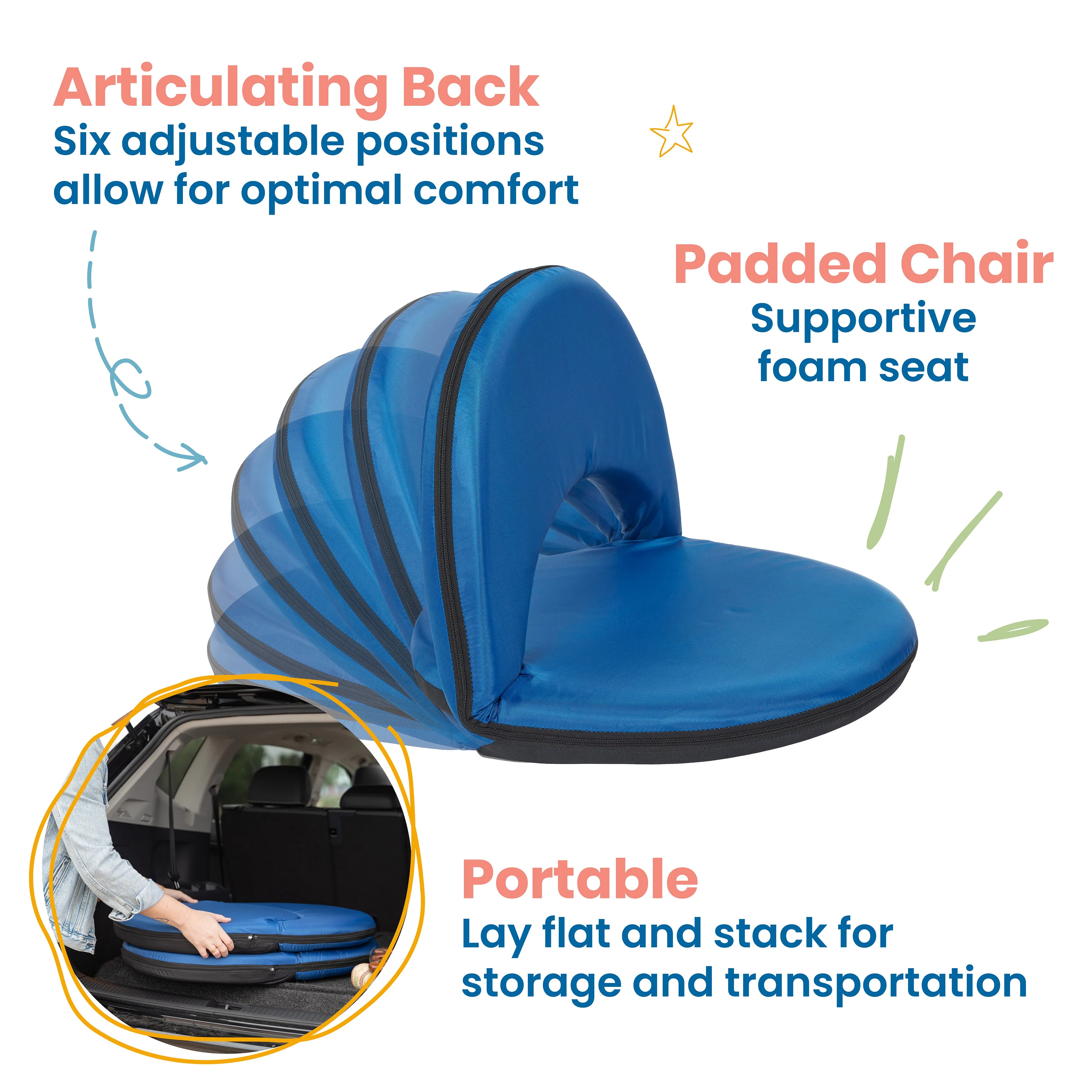 Spectator Floor Chair with Adjustable Back Support, Portable Foldable Stadium Seat