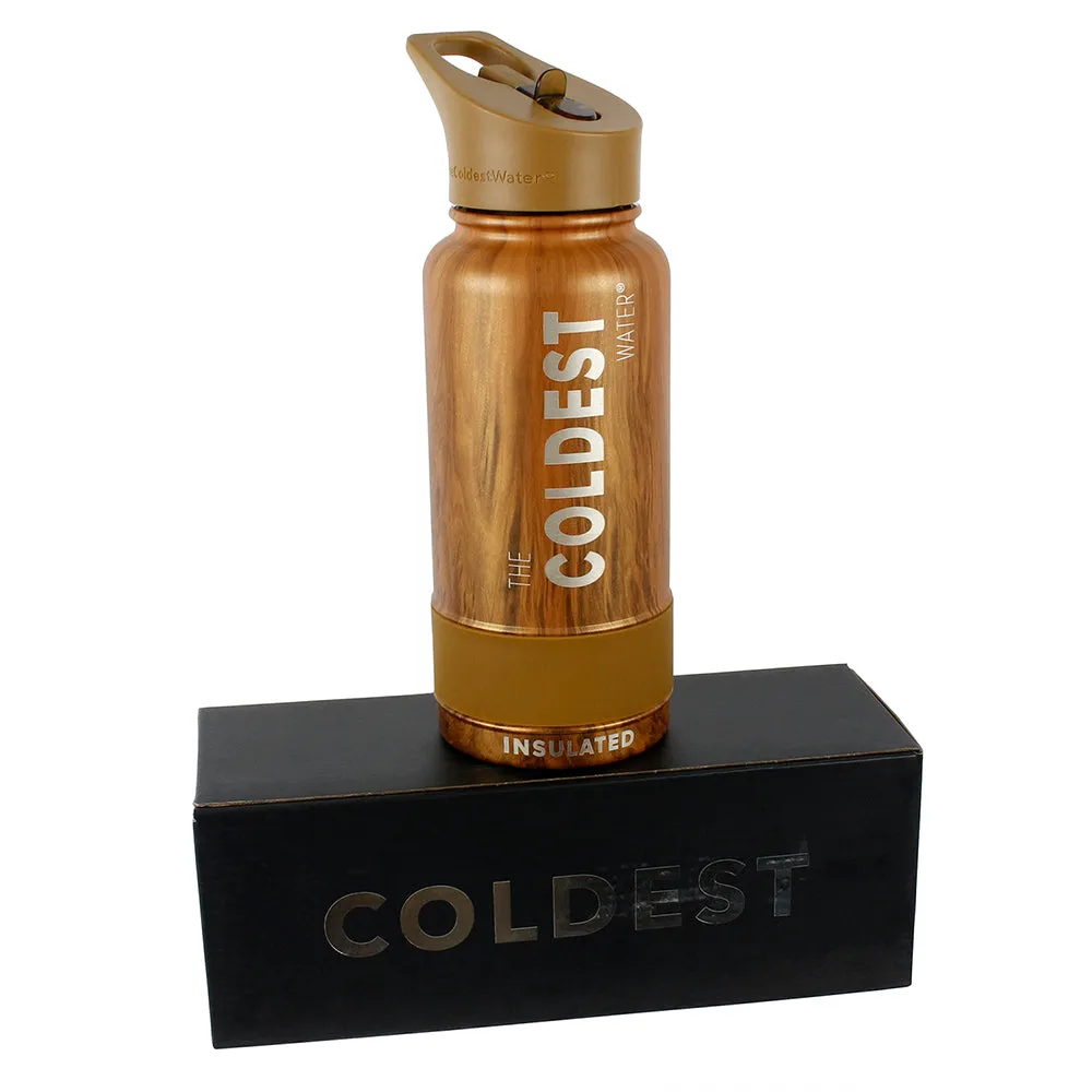 The Coldest Sports Water Bottle 32oz Straw Lid Stainless Steel Executive Wood