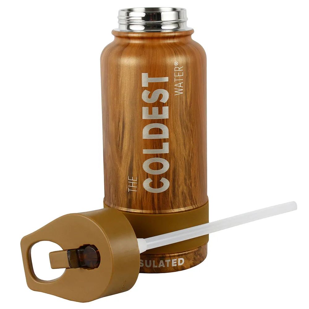 The Coldest Sports Water Bottle 32oz Straw Lid Stainless Steel Executive Wood