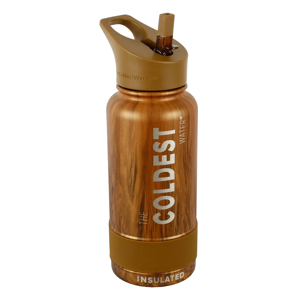 The Coldest Sports Water Bottle 32oz Straw Lid Stainless Steel Executive Wood