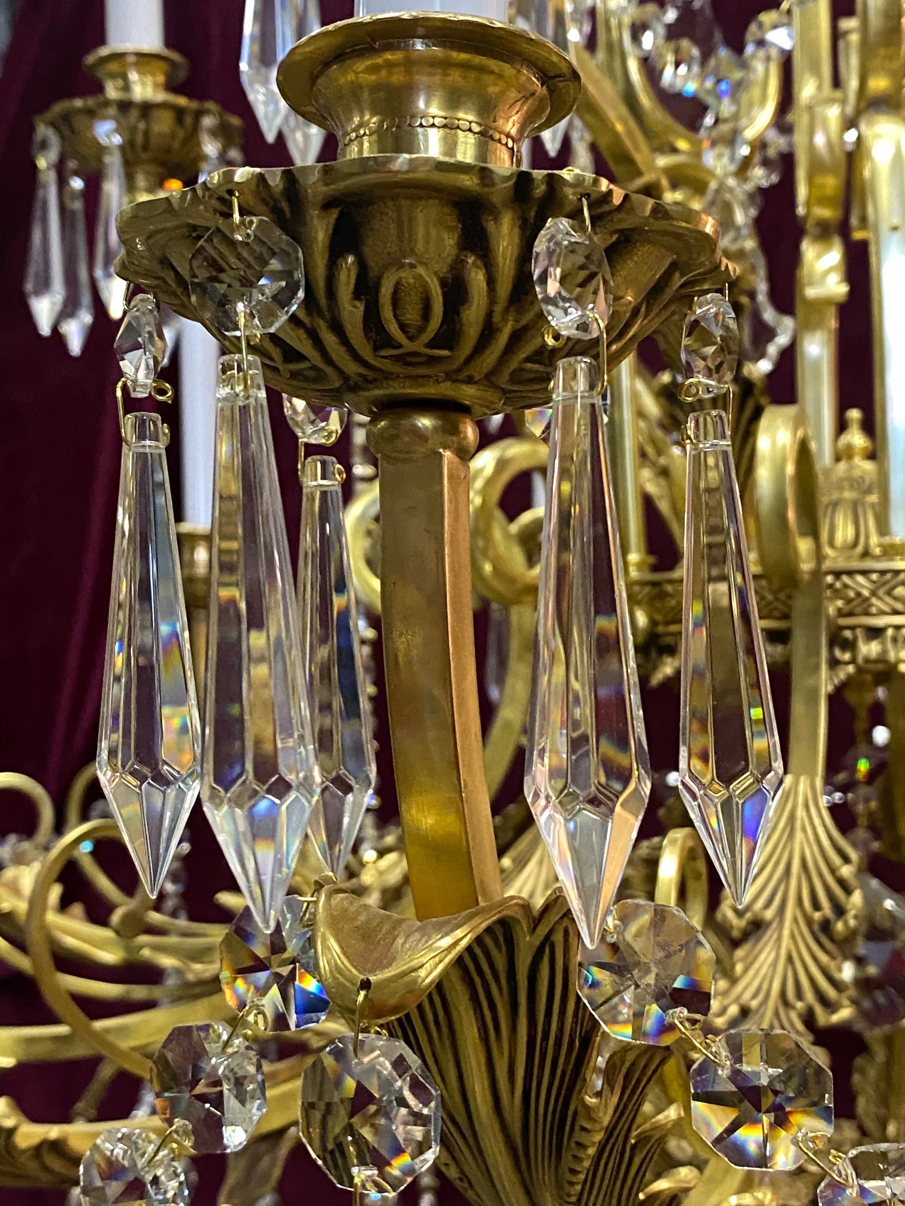 Very Large Brass and Crystal Chandelier with Leafy Details