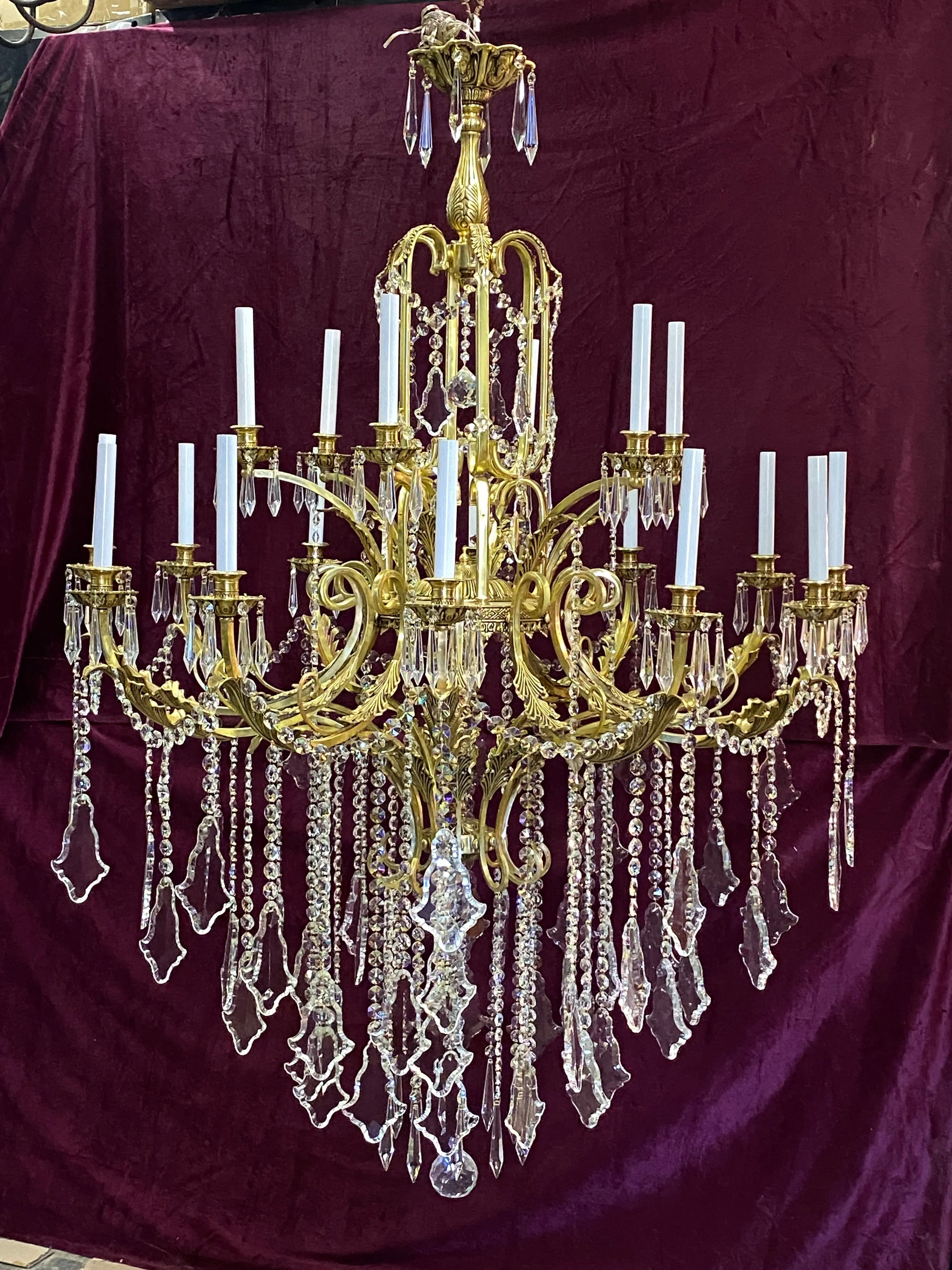 Very Large Brass and Crystal Chandelier with Leafy Details