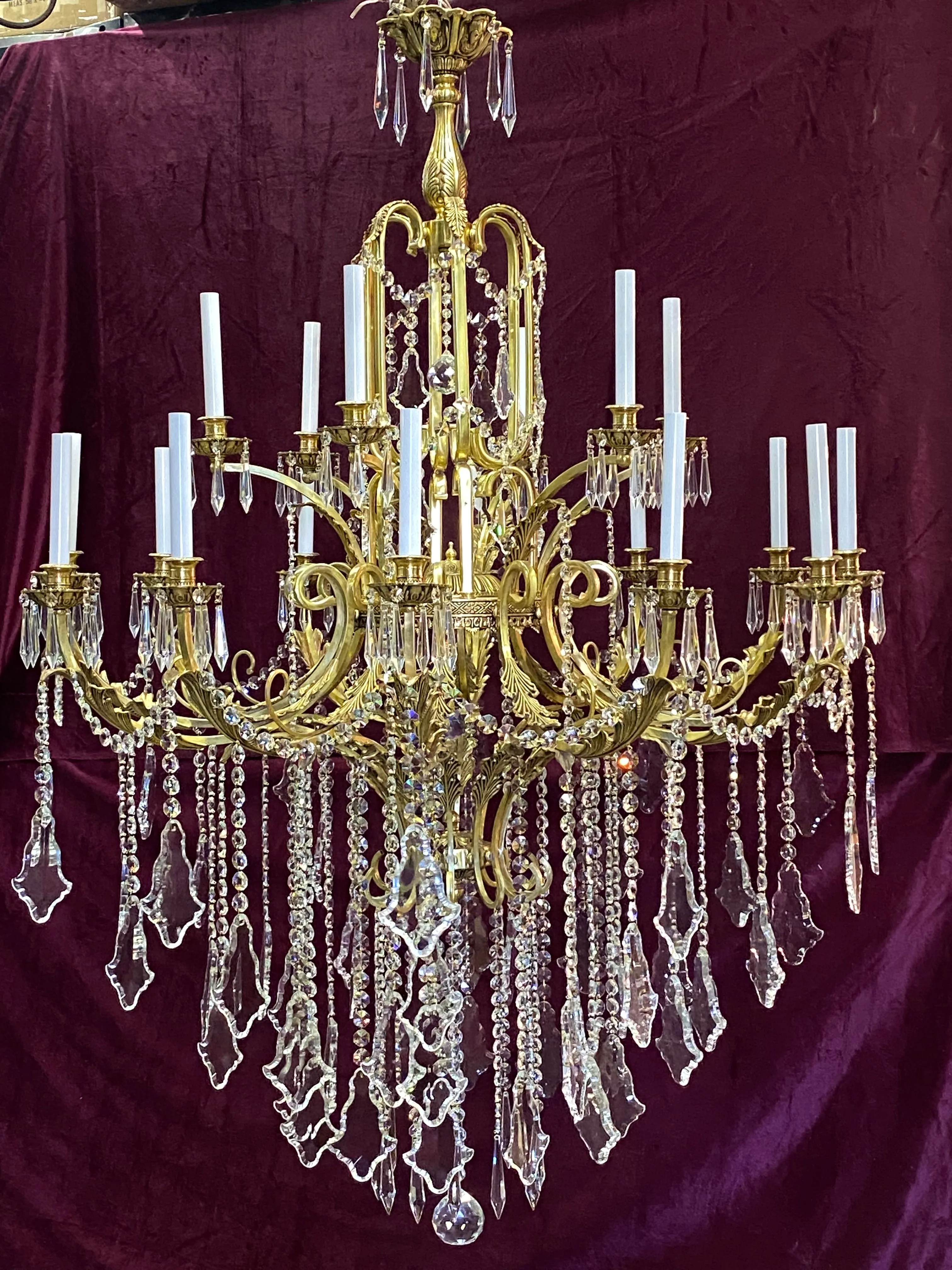 Very Large Brass and Crystal Chandelier with Leafy Details