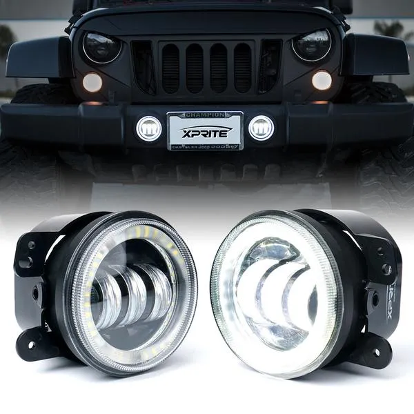 Xprite Fog Lights Jeep Wrangler JK JL (07-23) Gladiator JT (19-23) 4" CREE LED w/ Halo Ring DRL - Blue/Green/Red/White/Amber