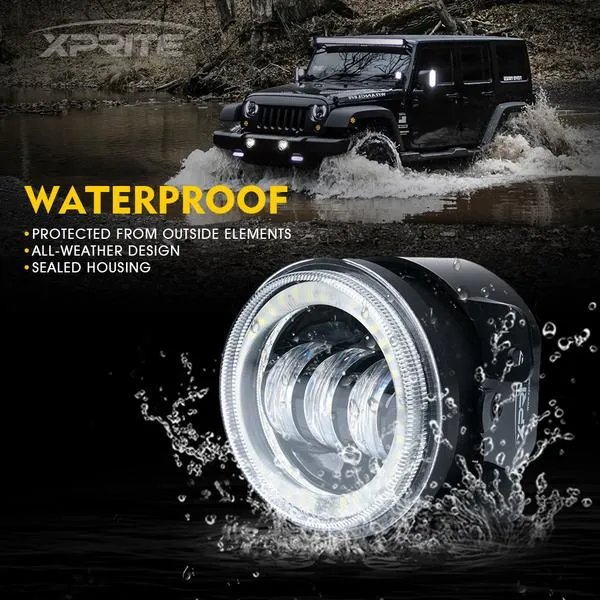 Xprite Fog Lights Jeep Wrangler JK JL (07-23) Gladiator JT (19-23) 4" CREE LED w/ Halo Ring DRL - Blue/Green/Red/White/Amber