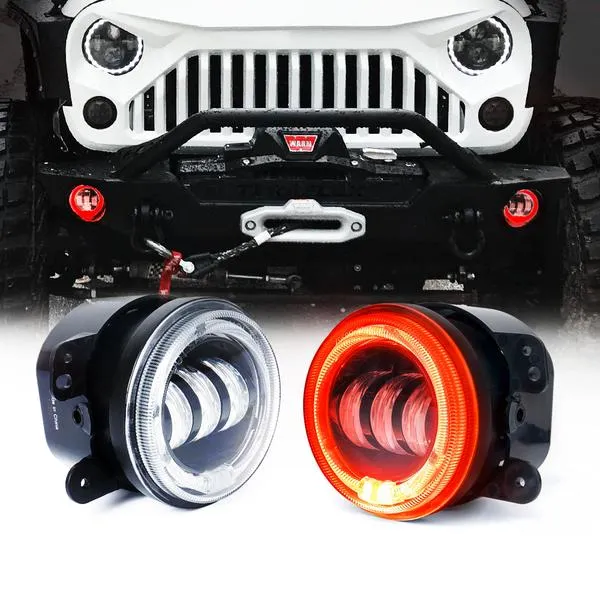 Xprite Fog Lights Jeep Wrangler JK JL (07-23) Gladiator JT (19-23) 4" CREE LED w/ Halo Ring DRL - Blue/Green/Red/White/Amber