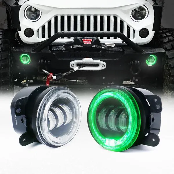 Xprite Fog Lights Jeep Wrangler JK JL (07-23) Gladiator JT (19-23) 4" CREE LED w/ Halo Ring DRL - Blue/Green/Red/White/Amber