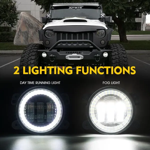 Xprite Fog Lights Jeep Wrangler JK JL (07-23) Gladiator JT (19-23) 4" CREE LED w/ Halo Ring DRL - Blue/Green/Red/White/Amber